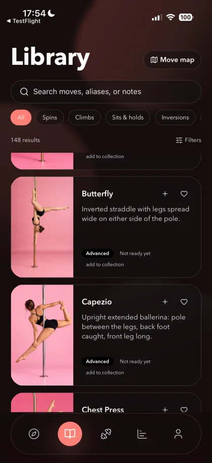 Vixen pole dance app: library of 148 pole moves with levels and filters